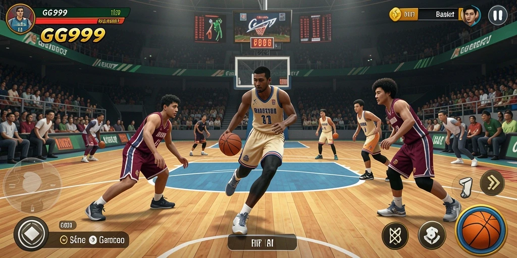 Antarmuka GG999 yang menarik dengan grafis basket yang realistis.